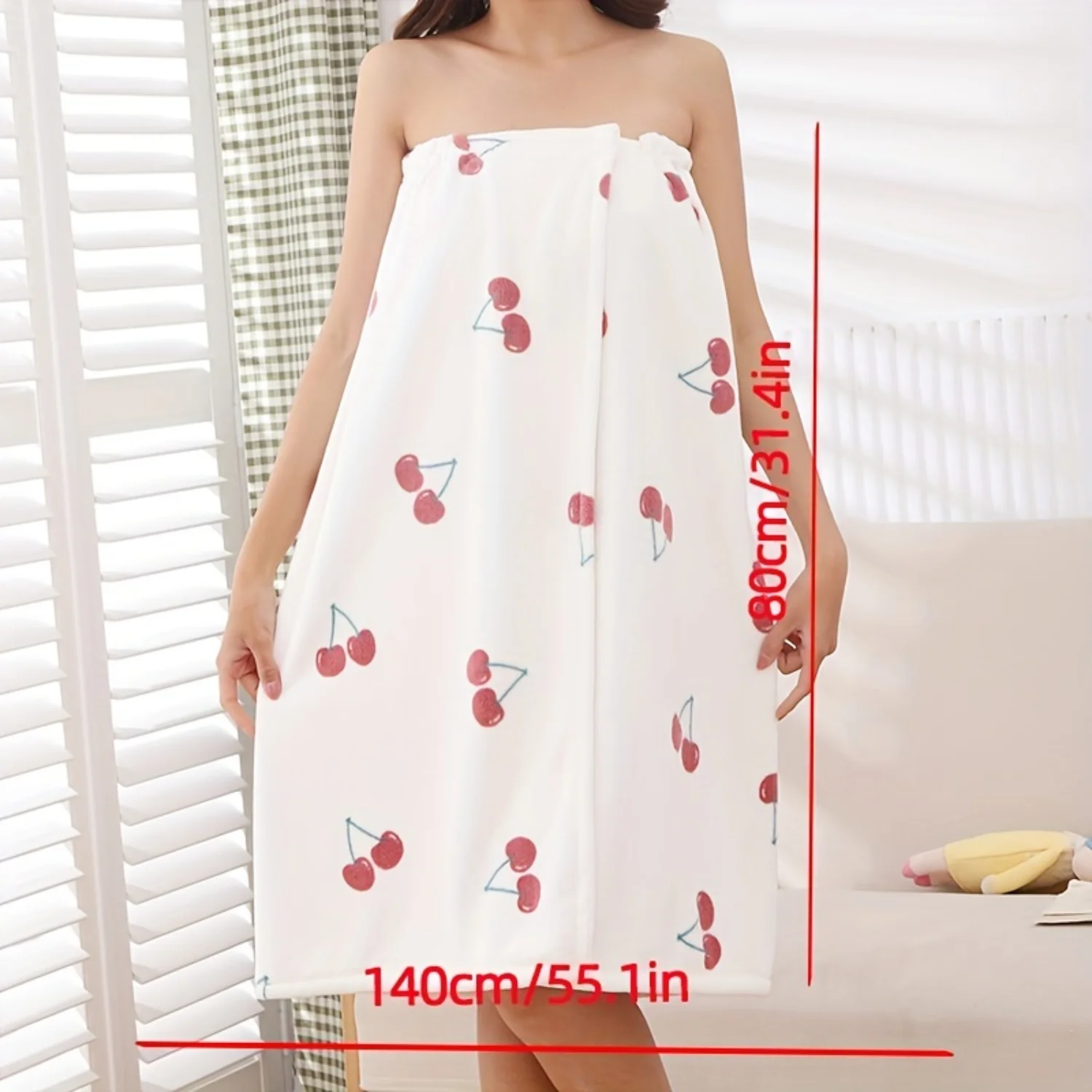 1pc Super Absorbent Cherry Print Women's Shower Towel Robe | Adjustable Bathrobe for Spa, Sauna, Beach, and Pool - Ideal Bathroo