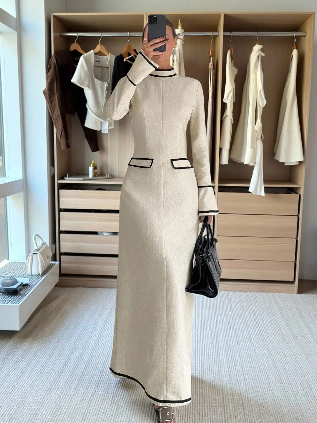 

Cream Long Sleeve High Neck Midi Dress with Black Trim Detail