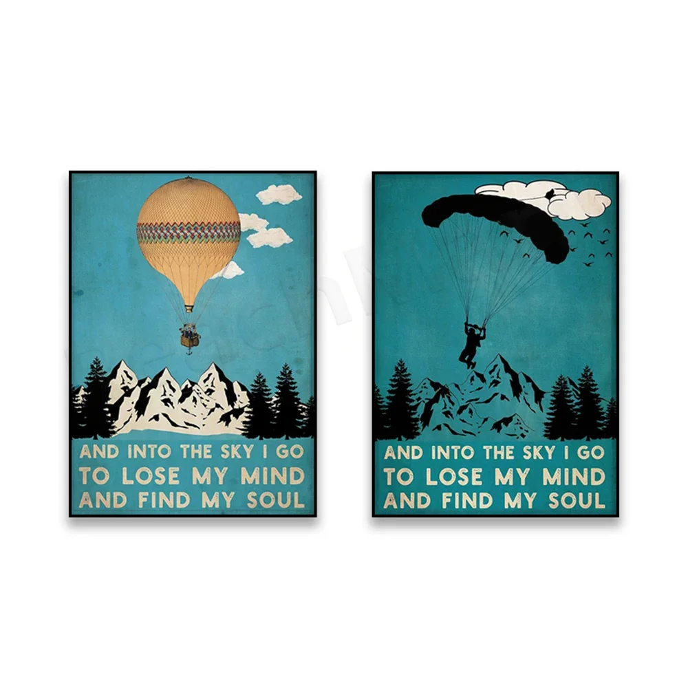 Retro hot air balloon poster, paraglider poster, skydiver, go into the sky, I'll lose my mind, fly, follow your dreams, gift