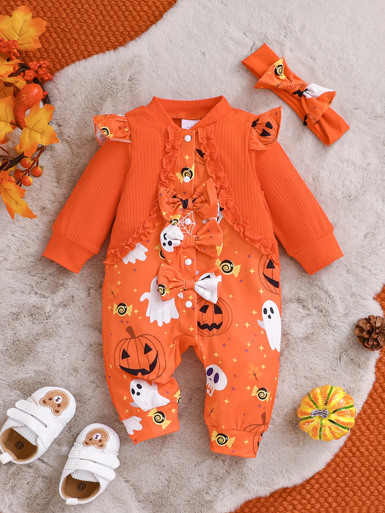 Halloween Baby Romper Set - Orange Ghost & Pumpkin Print Jumpsuit with Ruffles, Matching Headband，Creative gift giving.