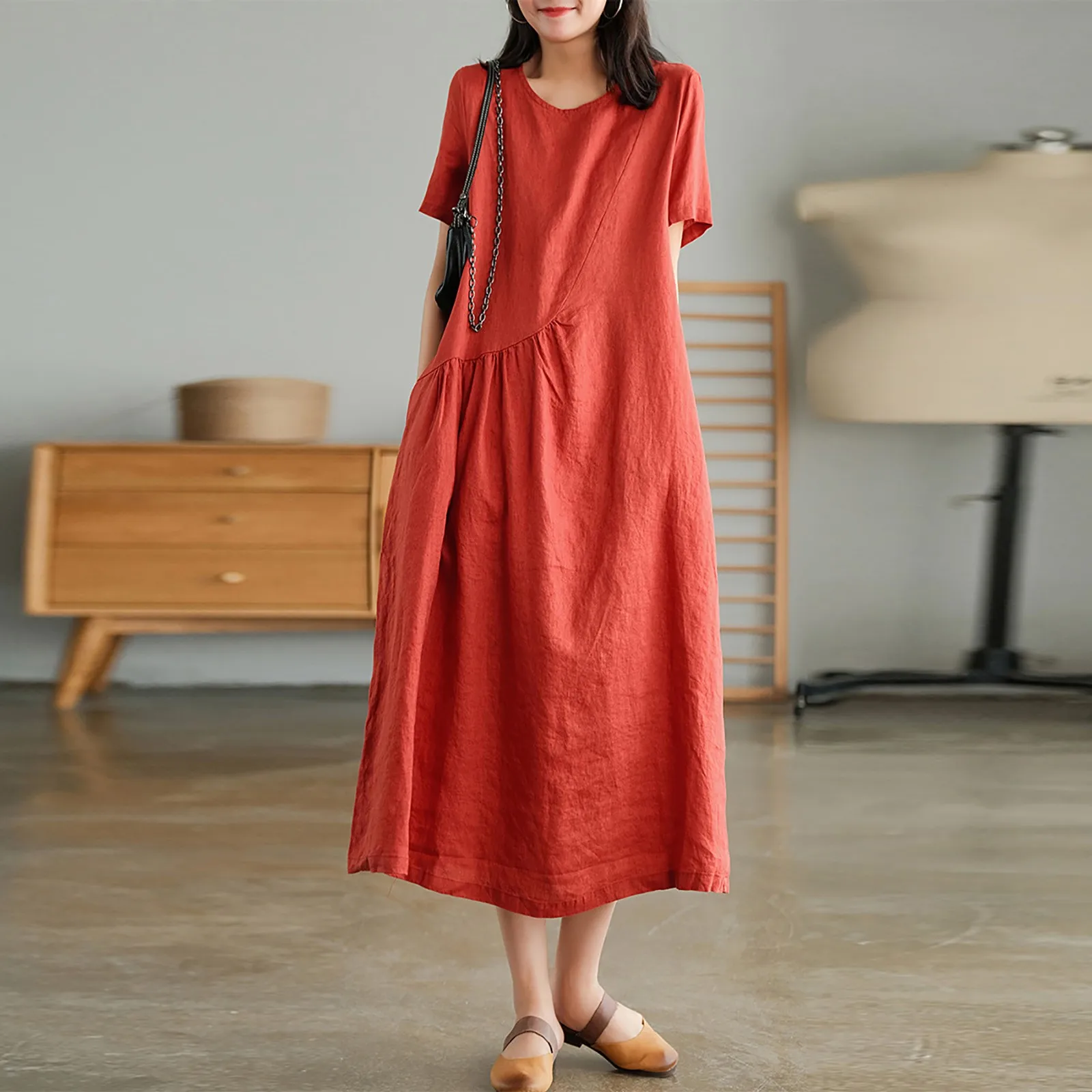 

Summer New Oversized Loose Casual Long Dress Women Solid Color Short Sleeve Cotton Vintage Vestidos De Fiesta Chic Robe Femme