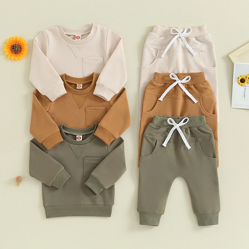 

2023-10-11 Lioraitiin 0-18M Baby Boy 2Piece Outfits Solid Color Long Sleeve Sweatshirt +Pocket and Elastic Pants Toddler Clothes