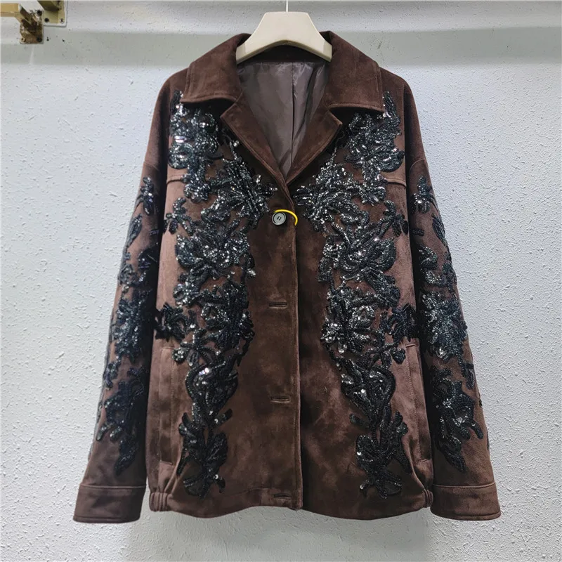 American Fashion Brown Top for Women 2025 New Heavy Industry Sequin Embroidered Motorcycle Jacket Female Clothing