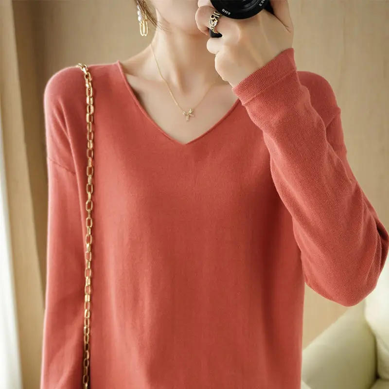 Stylish V-Neck Solid Color Knitted All-match Sweater Women Clothing 2022 Autumn New Oversized Casual Pullovers Loose Korean Tops