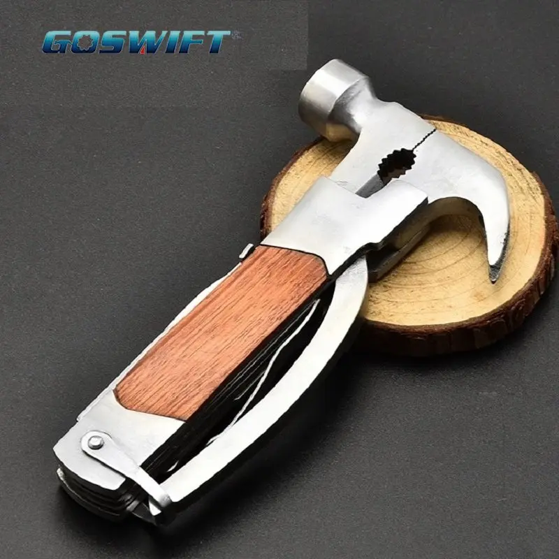 

13-In-1 Wood Steel Handle Multi Tool Pliers Hammer Knife Saw File and Screwdriver Survival Camping Tools