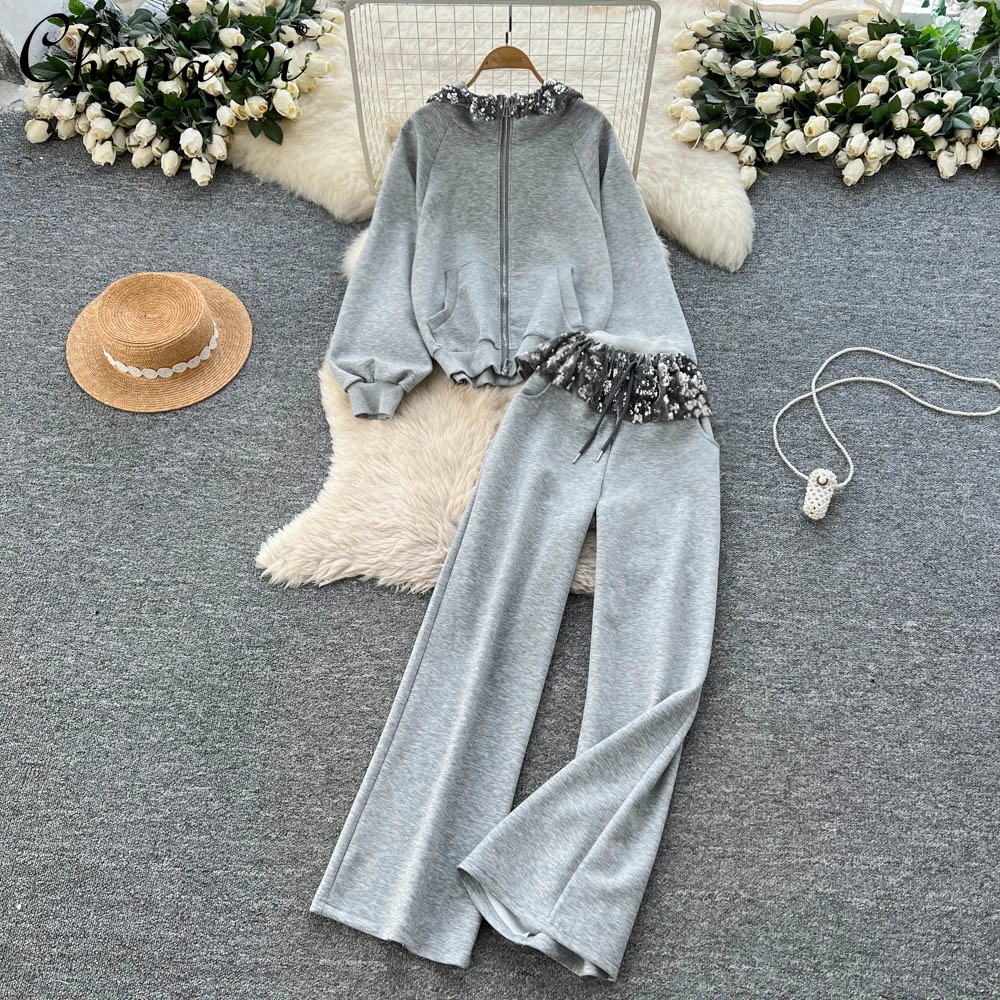 

2025 Autumn Clothes New Heavy Hot Girl Sequin Hooded Sweatshirt + Drawstring Wide-Leg Pants Casual Set Women's Two-Piece Set