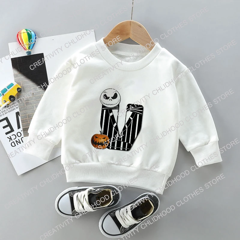 Jack Skellington Children Sweatshirts Letter A B C Pullover Anime Cartoons Casual Clothes for Girls Boys Kid Cotton Kawaii Tops