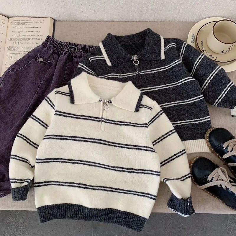 

Вязаные свитера для маленьких девочек и мальчиков, детские полосатые топы, верхняя одежда, осенне-зимний детский пуловер на молнии спереди с длинными рукавами
