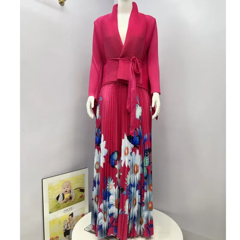 2024 Miyake pleats 2-piece set lapel lace-up waist top + change color high waist versatile skirt set