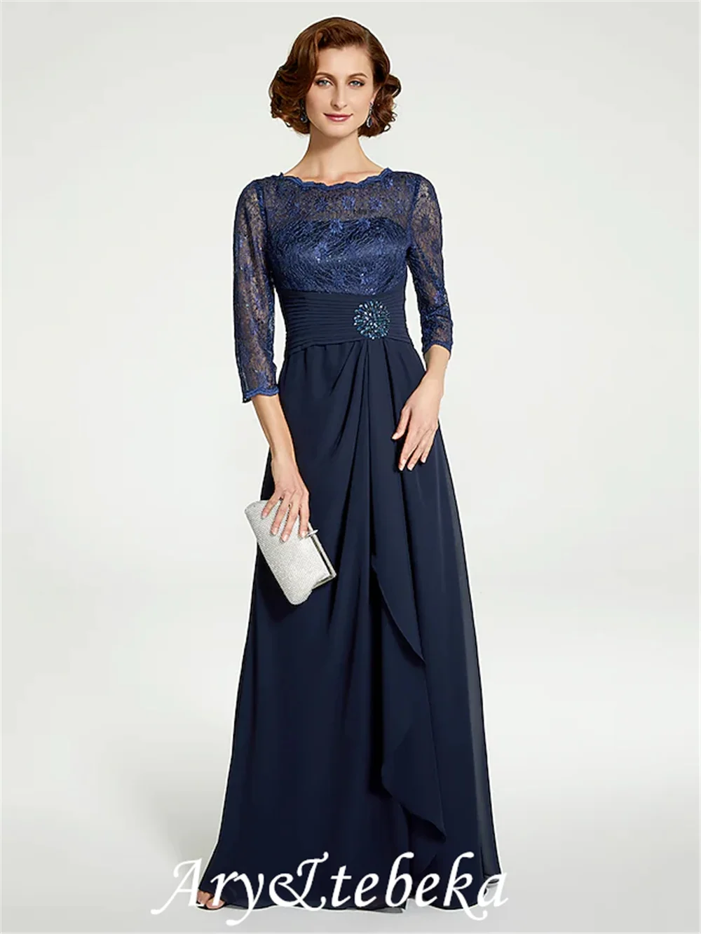 

A-Line Mother of the Bride Dress Jewel Neck Floor Length Chiffon Lace 3/4 Length Sleeve with Lace Ruching Illusion Sleeve