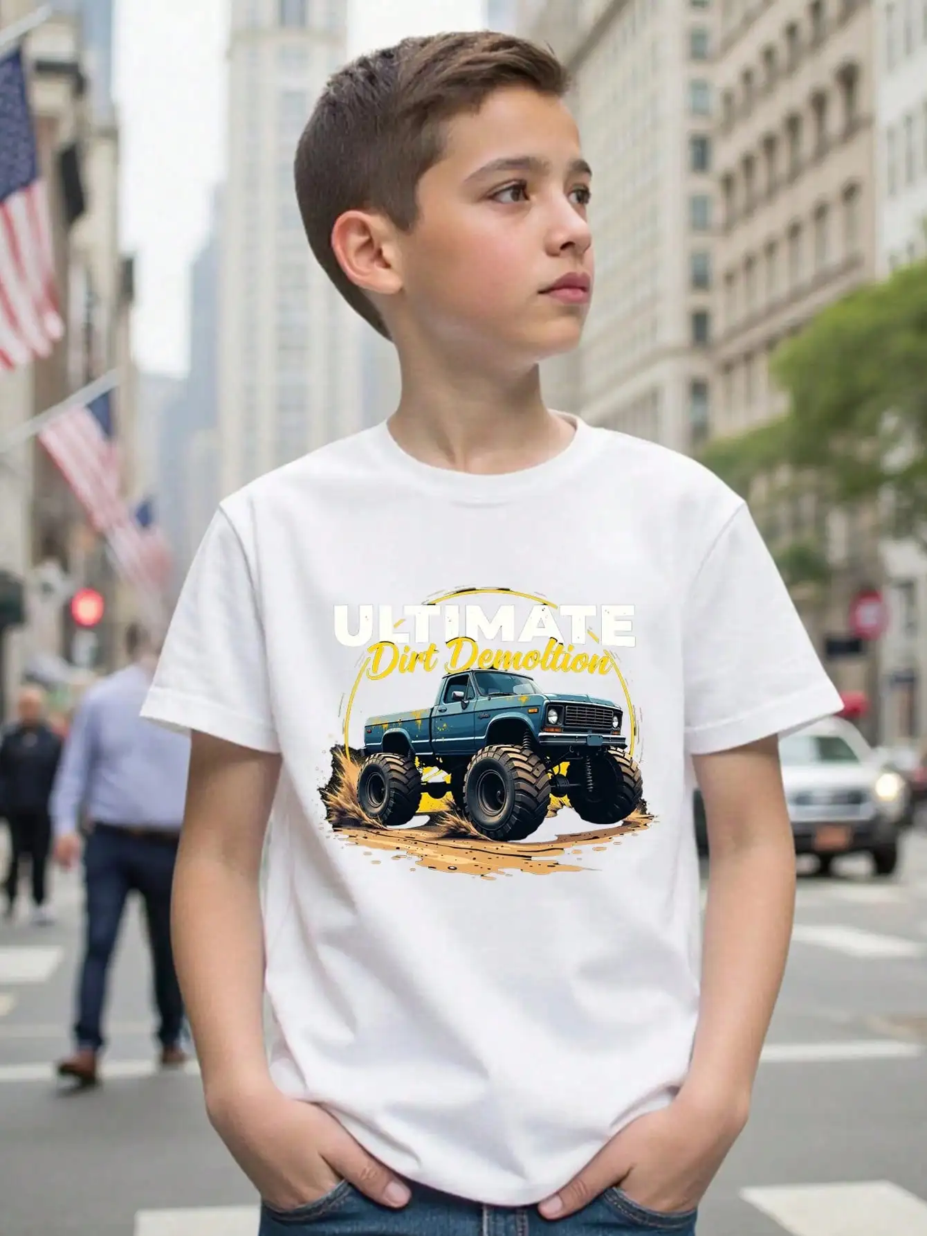 

Boys/Girls Monster Truck Back To School Cotton Graphic Tees, Black Oversized Summer Tops With Off-Road Pattern