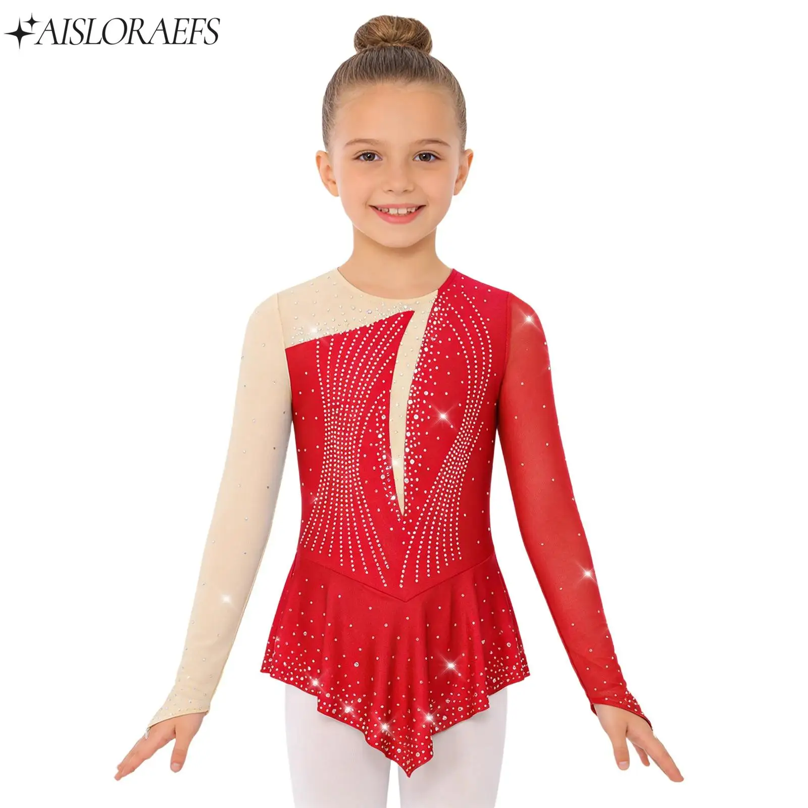 

Kids Girls Figure Skating Dance Costume Long Sleeves Rhinestones Mesh Asymmetrical Hem Dress for Ballet Gymnastics Performance