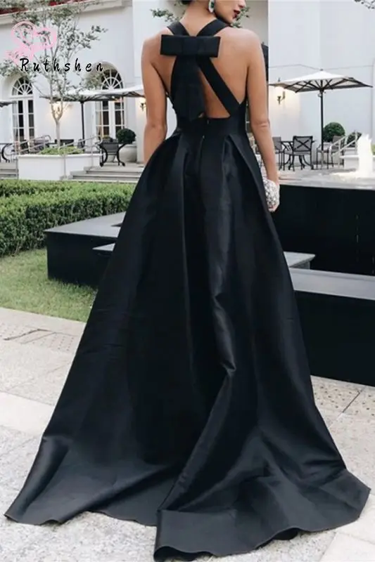 V Neck Sexy Black Evening Dresses for Woman 2023 Criss Cross Back Bowknot Party Prom Wear Sweep Train Vestidos De Gala