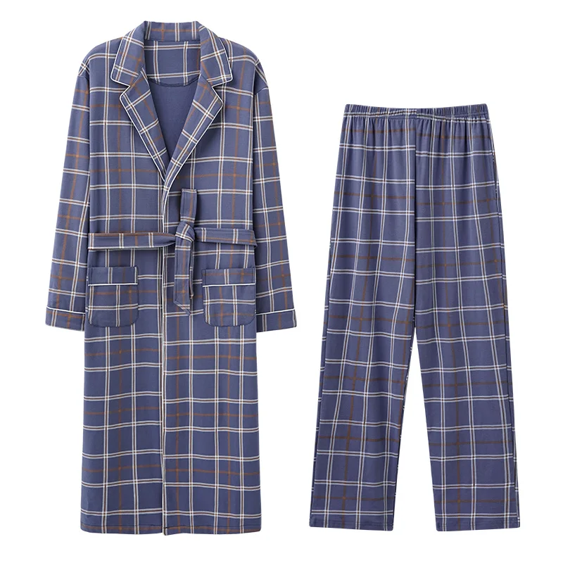 Men’s Cotton Robe Long Sleeve Kimono Bathrobe With Long Pants 2pcs Robes Set Sleepwear Spring Autumn V-Neck Plaid Pijamas Hombre