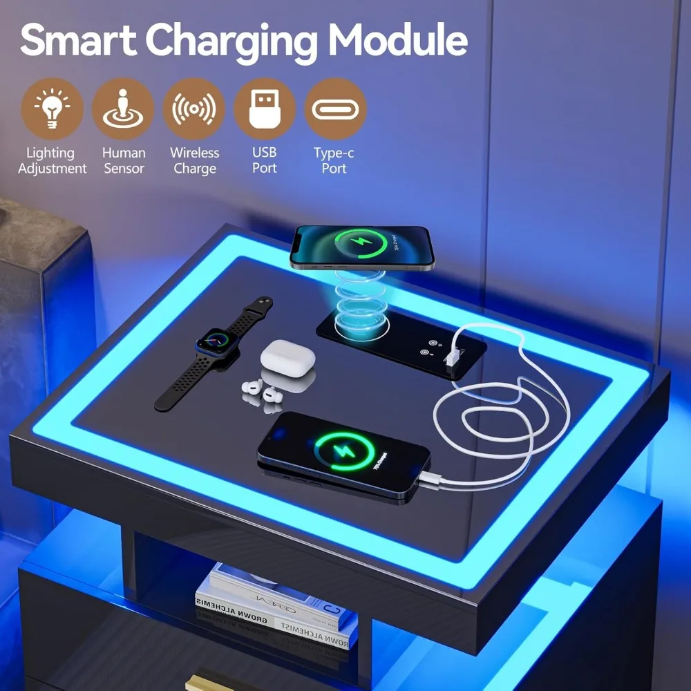 conjunto de mesa de cabeceira de carregamento de dupla função com 3 gavetas e mesa lateral de vidro multicolorida