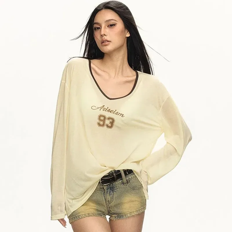 Women's Cream Sheer Long Sleeve T-Shirt V Neck Contrast Trim Top with Lettering Casual Y2K Streetwear