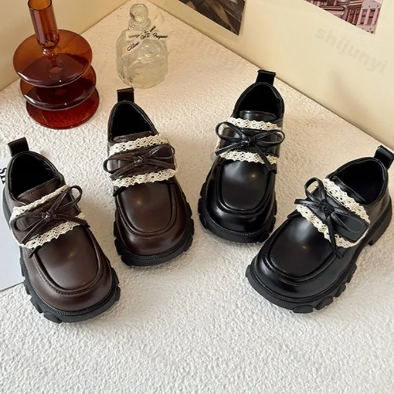 

Girls' Retro Lace Bow Design Casual Single Shoes 2025 Spring New Children's Soft Sole Comfortable Low Top Princess Loafers Shoes