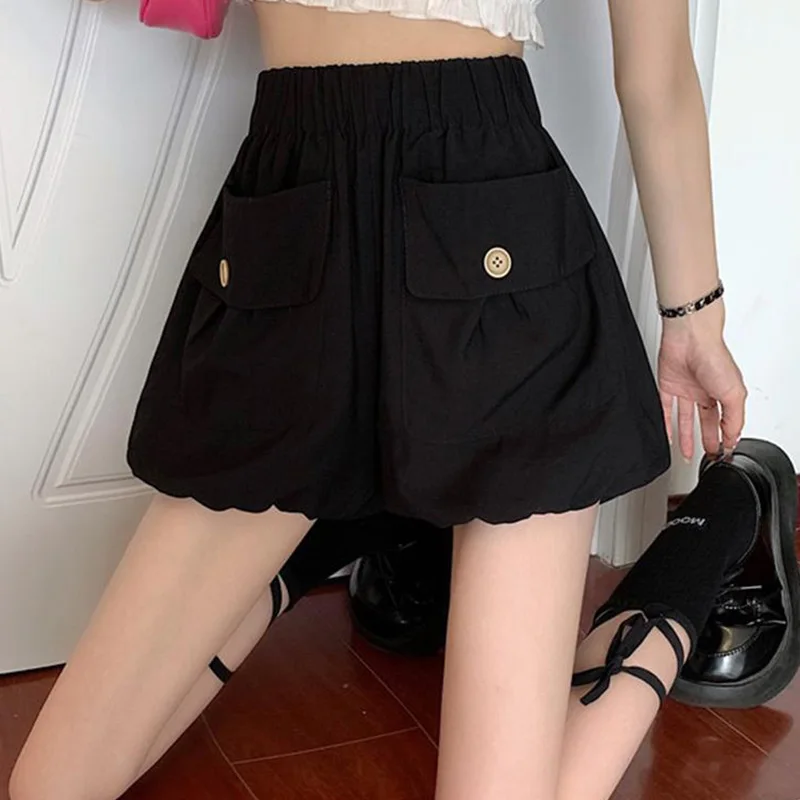 Oversized Femme Casual Pocket Solid Color Elastic Waist Bloomers Women Clothing Korean Buttons Loose Shorts Summer Trend Pleated