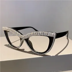 DYTYMJ New Diamond Encrusted Reading Glasses Women Retro Cat Eye Luxury Simple Presbyopia Glasses Blue Light Blocking Glasses