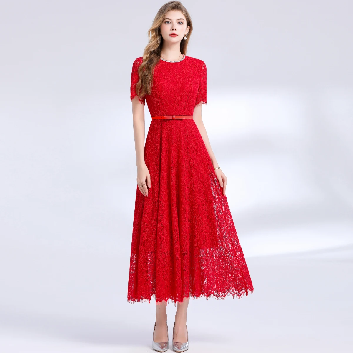 

Luxury Elegant Vintgae Office Long Dress Women Summer Short Sleeve O Neck Lace Work Lace Dress Evening Party Birthday Dresses