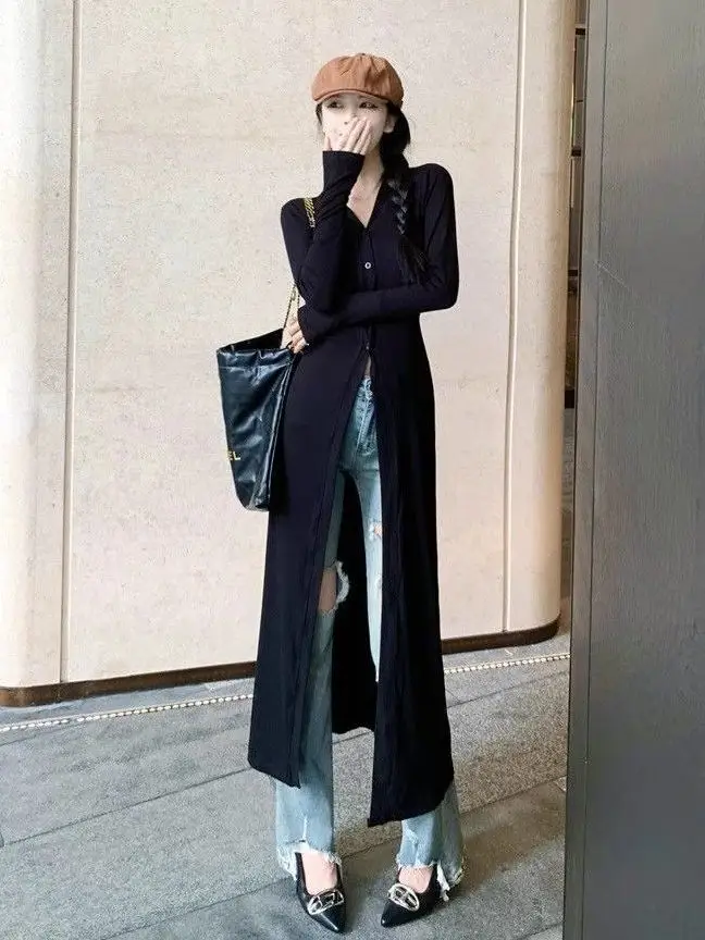 Ele Long Sve femme Dr Cardigan minceur t-shirt jupe à la mode jupe Midi vêtements d'extérieur printemps été automne couleur Pure