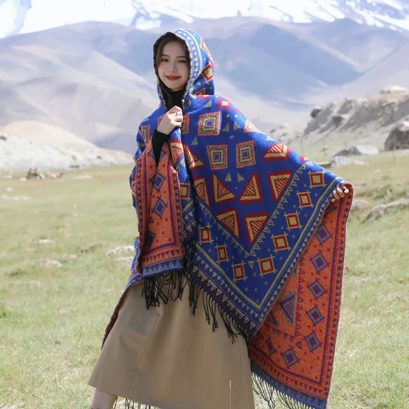 وشاح كيب بقلنسوة بوهيمي عرقي - لفافة سميكة ودافئة من الكشمير الصناعي، شال شتوي بقلنسوة للنساء