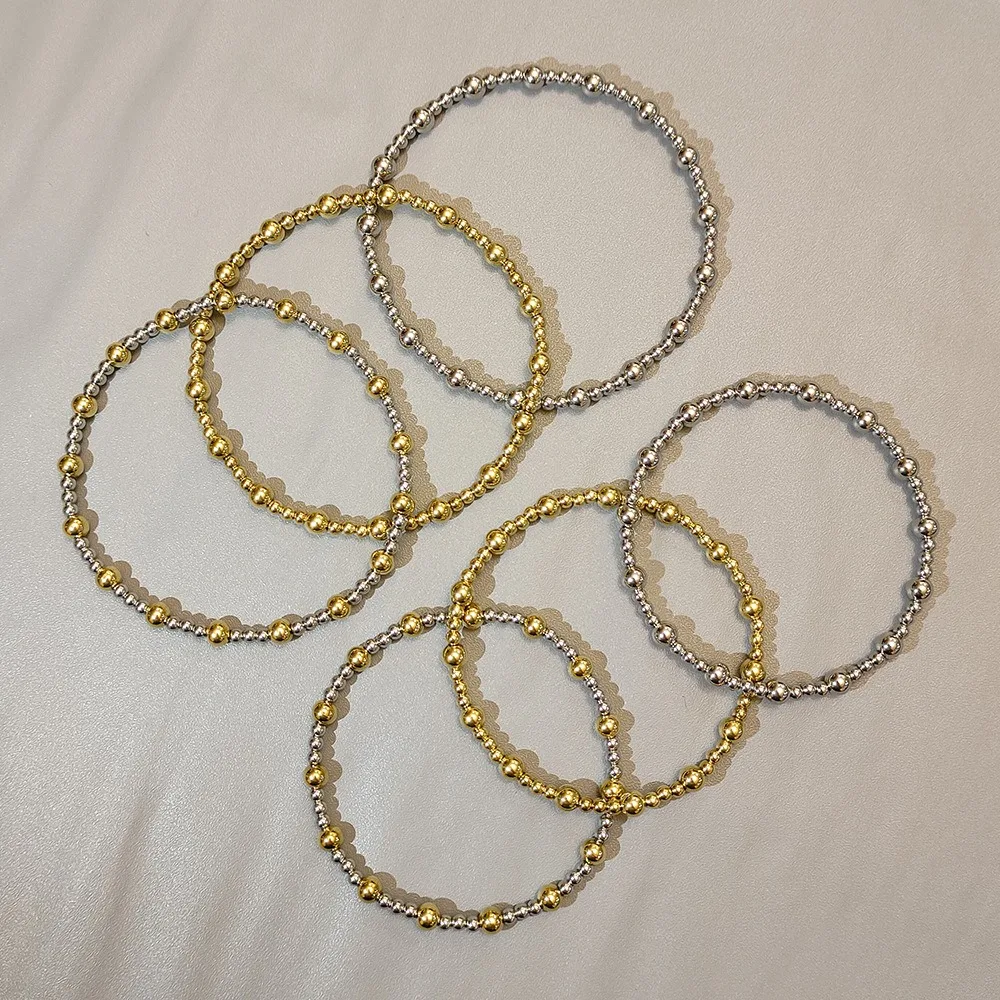 Waterproof Non Tarnish Little Tiny Gold Plated Stainless Steel Mixed Gold and Silver Alternating Beads Beaded Bracelet