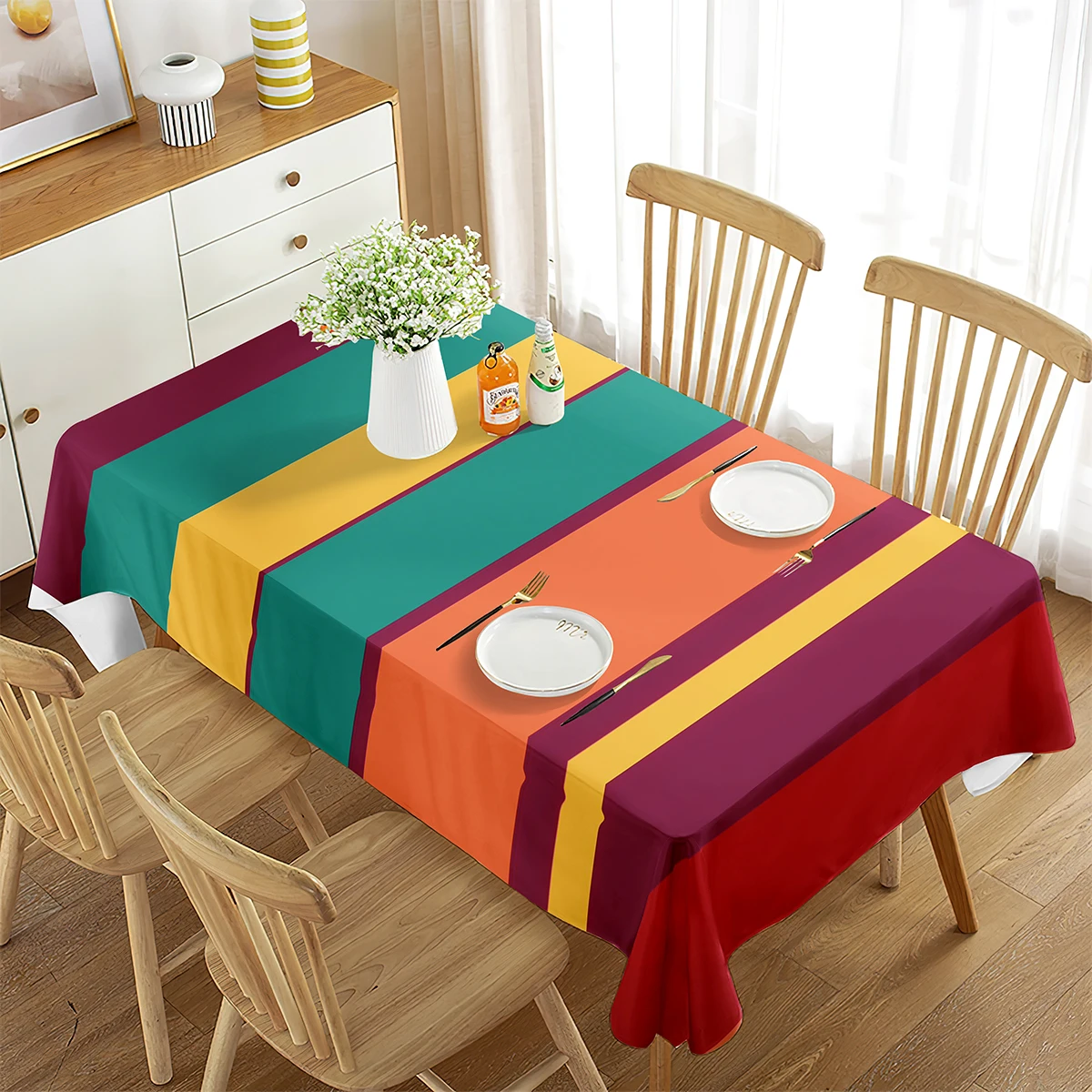 

Striped Tablecloth, Rainbow Colored Horizontal Lines Red Yellow Blue Green Art, Rectangular Table Cover for Room Kitchen Decor