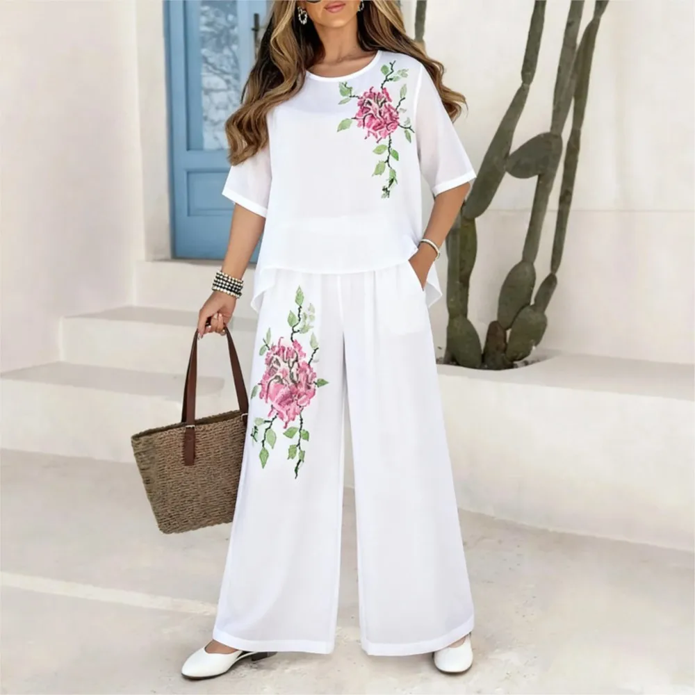 Fall Casua 7 Inch Sleeve Top Pants With Pockets Women's Set Fashion Retro Embroidered Elegant Female Wide Leg Pants 2 Piece Set