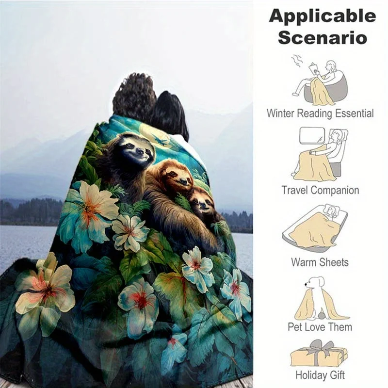 Printed Sloth Family Fleece Blanket Mom Dad and Baby Sloth with Hibiscus Flowers Soft Warm Flannel Throw Blankets for Bed Sofa