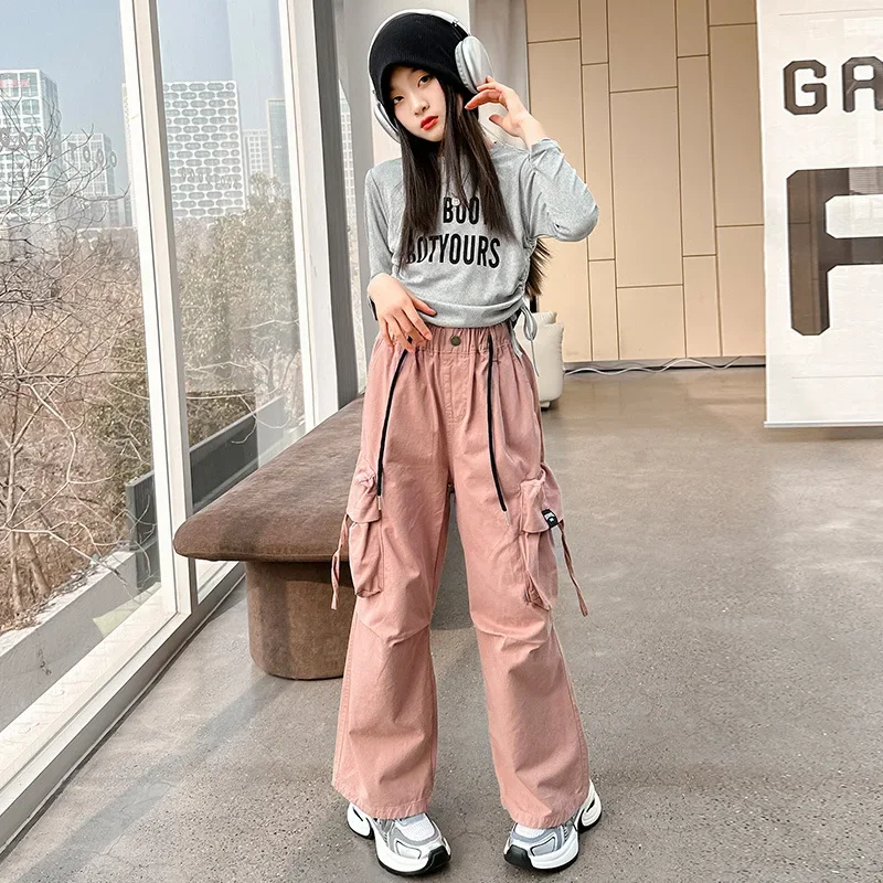 Girls' work pants Spring 2024 new junior high school loose casual pants Spring children's versatile pants