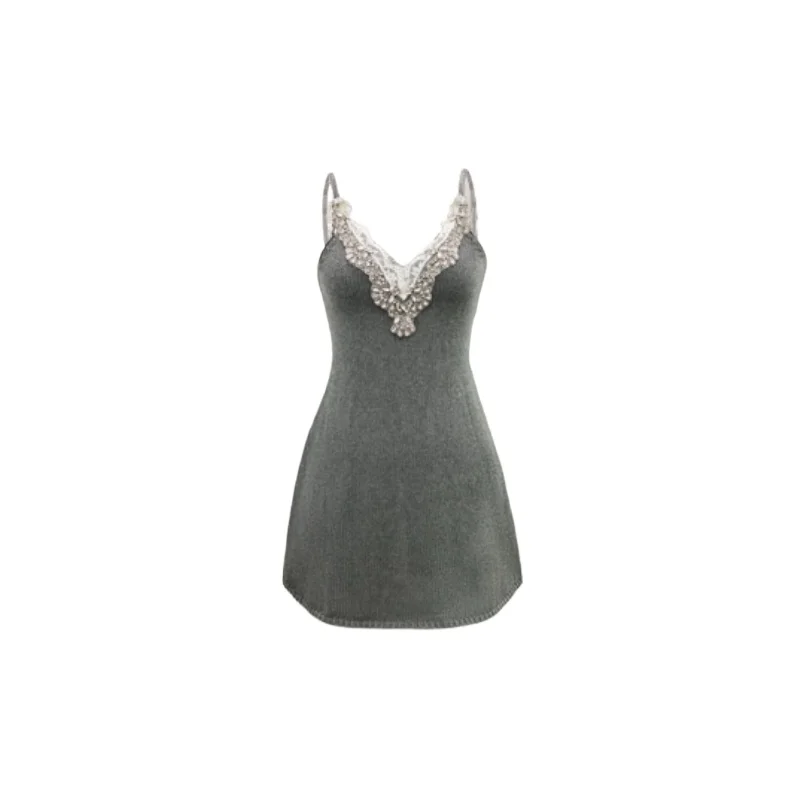 Vestido gris de alta gama para mujer, falda de tirantes de punto con cuello en V, cintura ceñida, alta calidad, gran oferta, Y2k