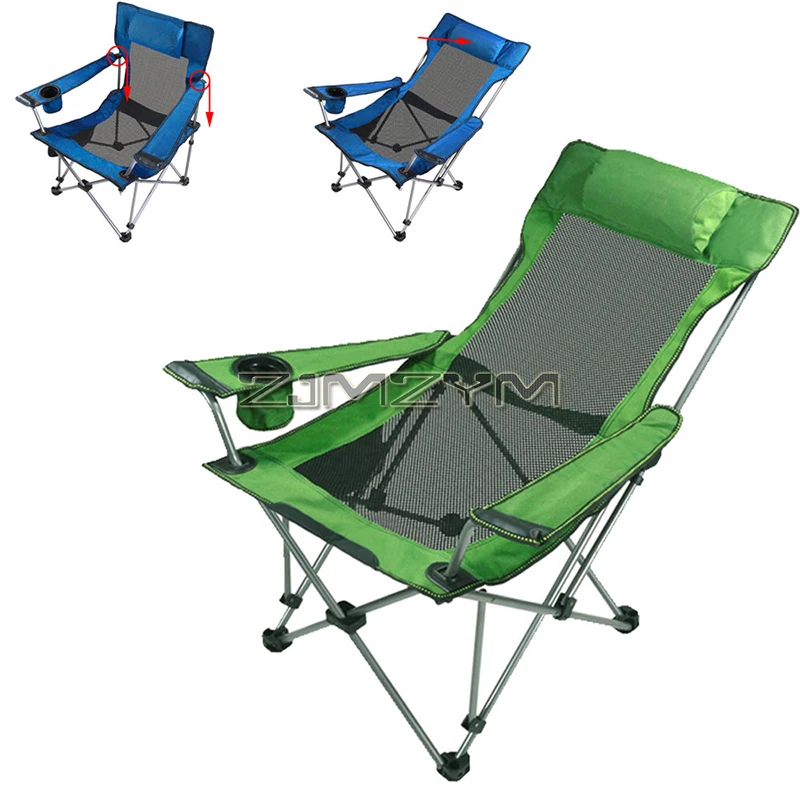 Folding Outdoor Beach Camp Chair with Head Support, Adjustable Back, Armrests, Storage Bag, Cup Holder, Carry Bag for Outside