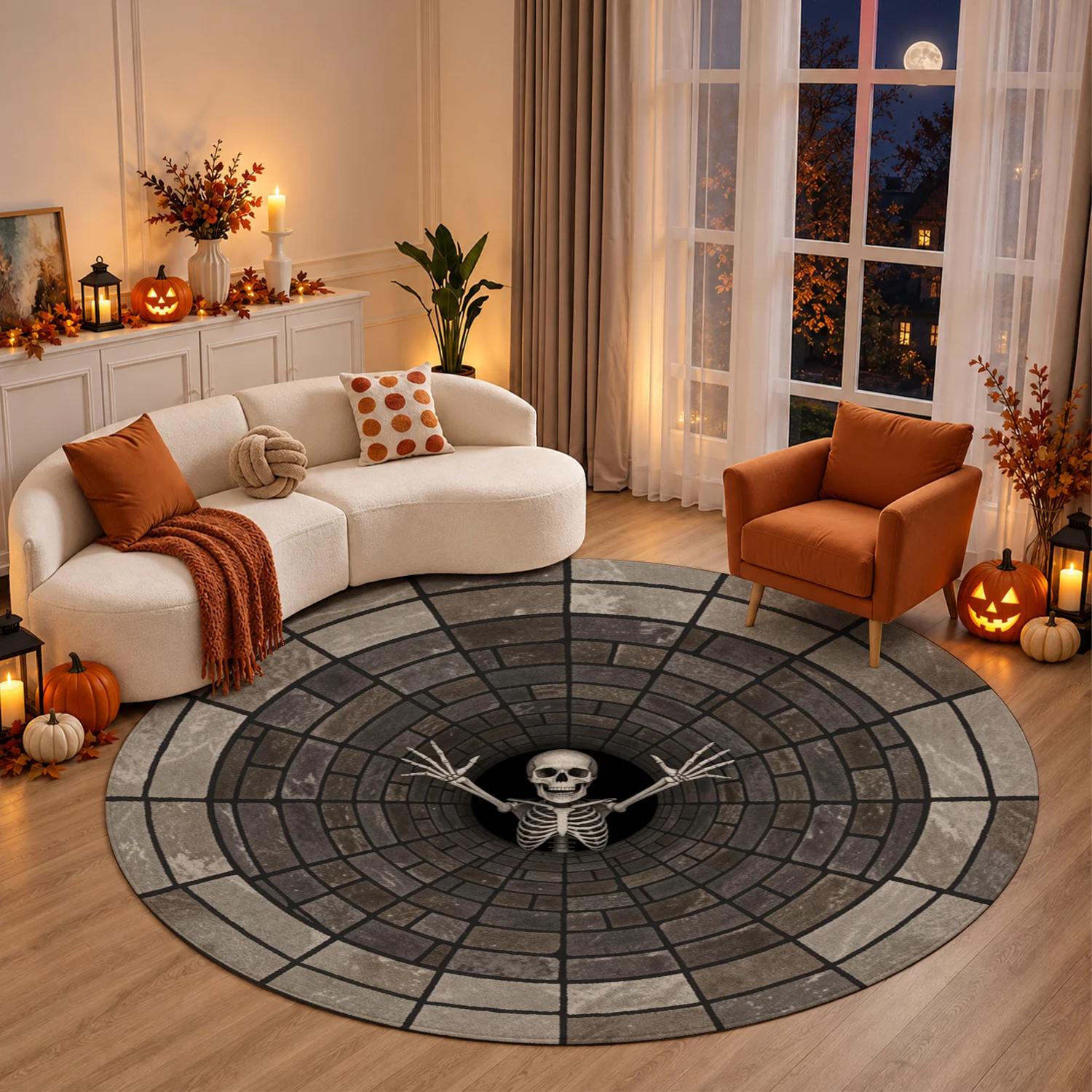 3D Skeleton Tunnel Design Round Velvet Area Rug, Machine Washable Decorative Rug for Living Room, Bedroom, Entryway, Dining Room, Perfect for Halloween, Thanksgiving, Christmas, New Year, Black Friday, Cyber Monday Home Decor