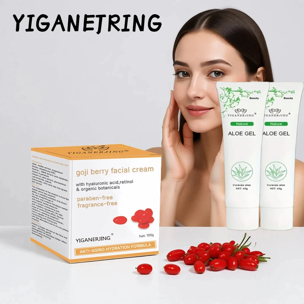 Conjunto de Cuidados com a Pele YIGANERJING Creme Facial Hidratante de Goji Berry 100g e 2 Peças de Gel de Aloe Vera 60g Cuidados Faciais de Beleza