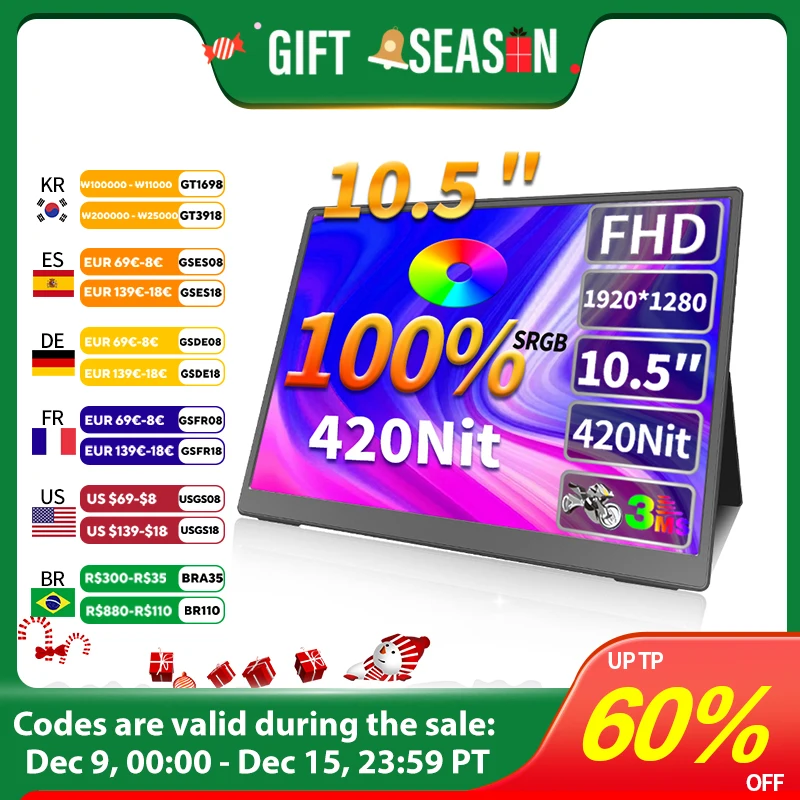 HGFRTEE 10.5 inch Portable Monitor 1280P IPS FHD 100% SRGB 1500:1 For Laptop Mac Xbox PS4/5 Switch Mini Display