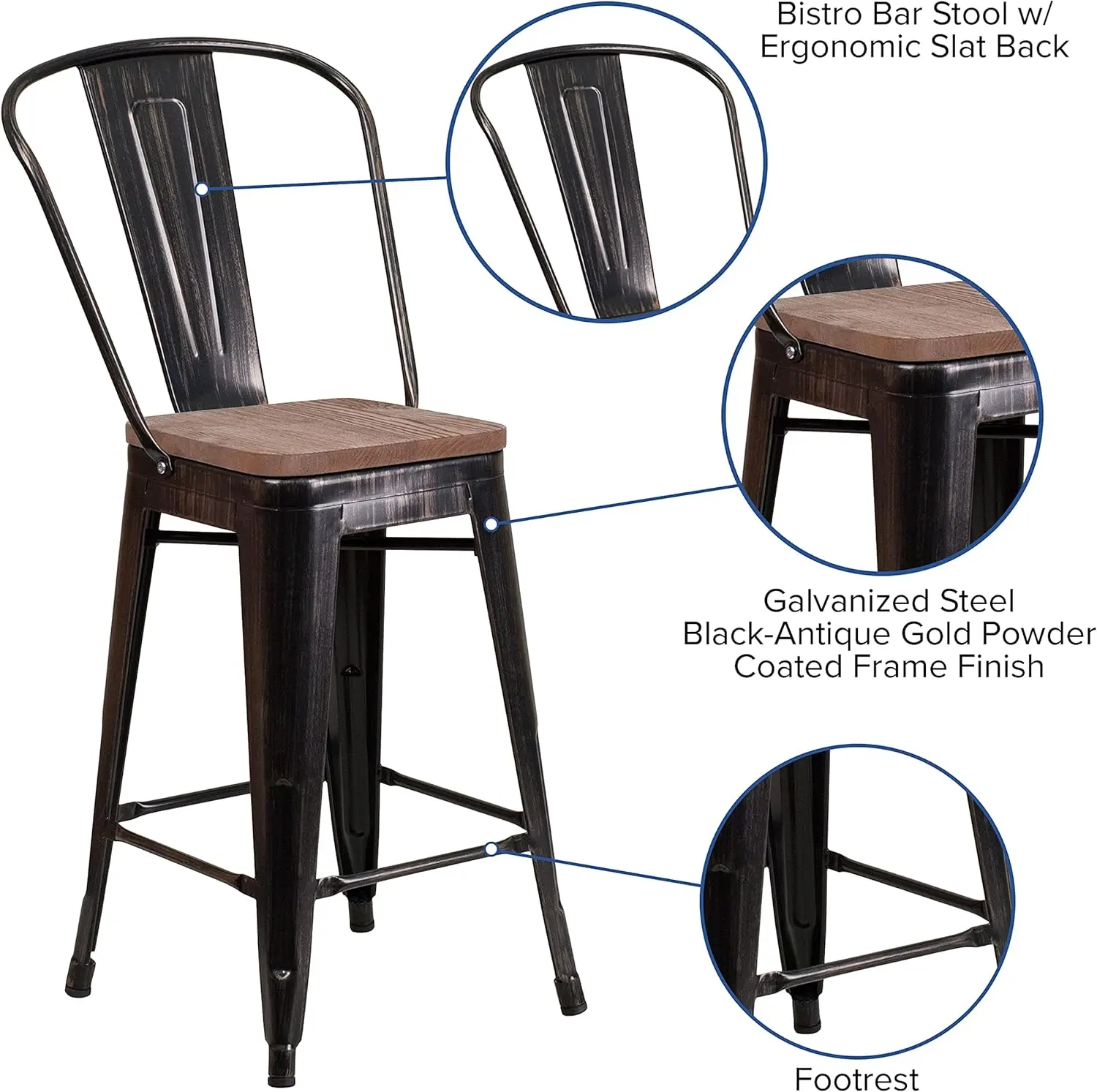 Amsterdam Counter Stool - Antique Black Metal Bar Chair With Wood Seat - Slatted Curved Back Kitchen Stool