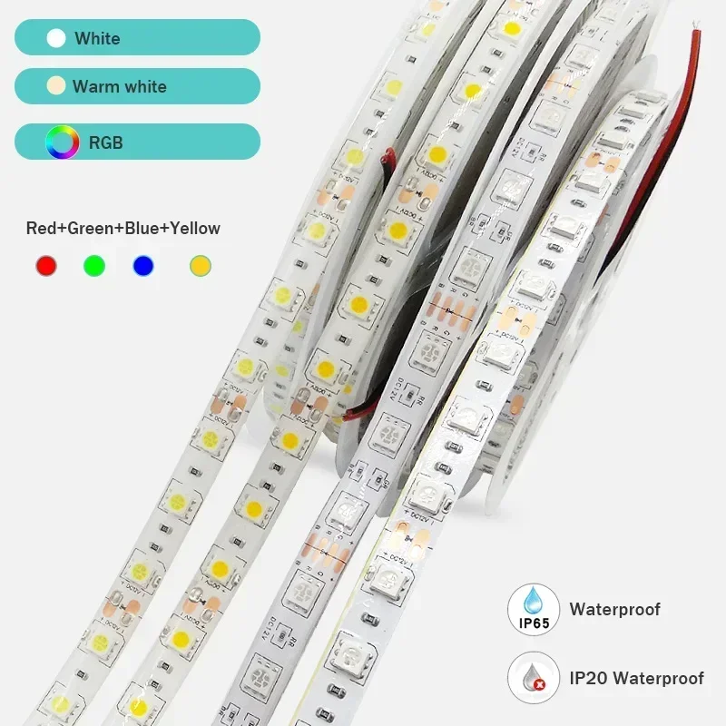 Tylko taśma Led IP65 Wodoodporna 3528/5050 DC12V 60 diod LED/m 5 m/rolka Elastyczna lampa LED 4Pin RGB Ciepły biały/czerwony/zielony/niebieski/żółty