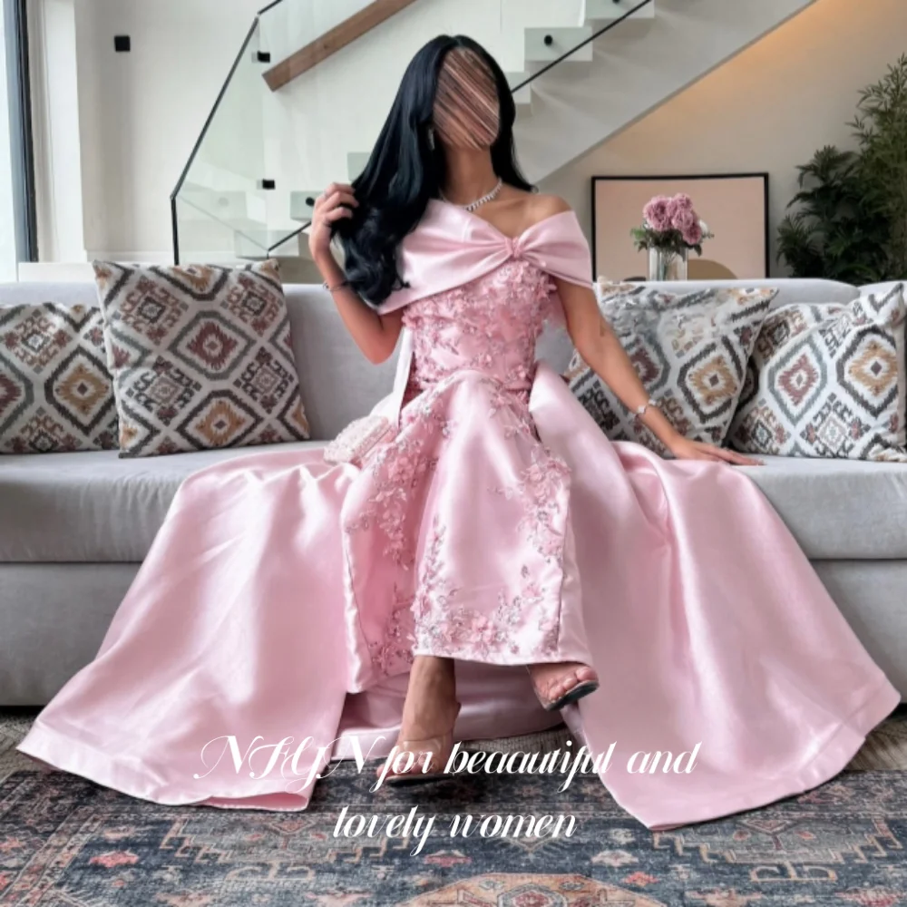 NFYN الوردي فساتين لحضور الحفلات الموسيقية الأنيقة قبالة الكتف ضفائر يزين فستان الحفلات الساتان ثلاثية الأبعاد القوس حورية البحر فساتين السهرة حسب الطلب #2