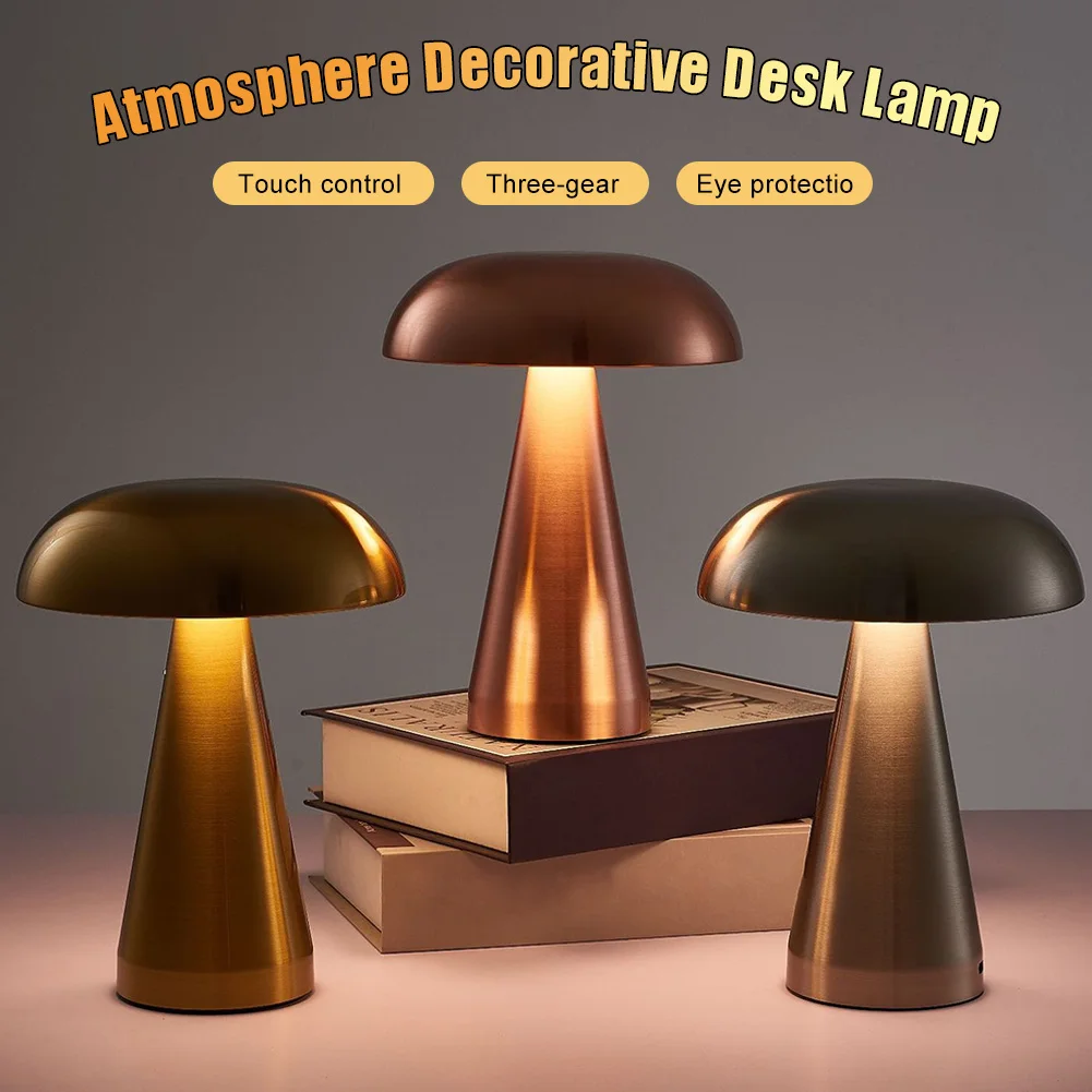 

Mushroom Bedside Table Lamp USB Rechargeable LED Night Lamp Bedside Light 3 Color Touch Dimmable Metal Lamp Living Bedroom Decor