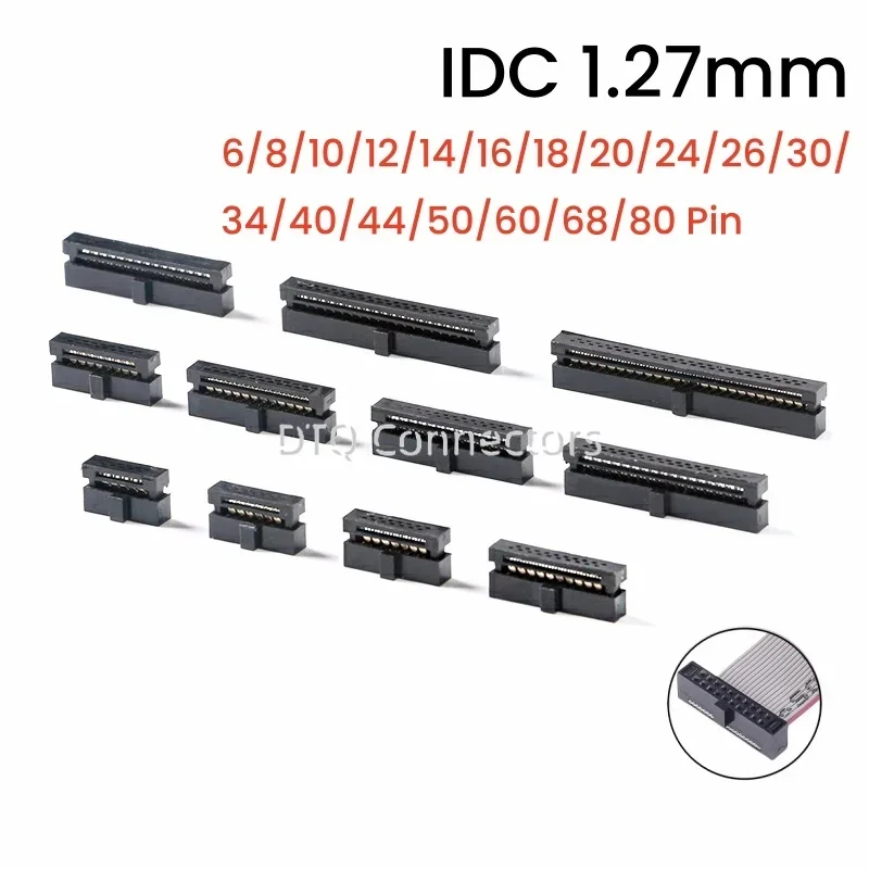 5 Pcs IDC Receptacle 1.27 MM Pitch 6 8 10 12 14 16 18 20 24 26 30 34 40 44 50 60 68 80 Pin Female Header Socket Cable Connector