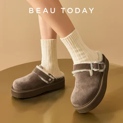 BEAUTODAY Casual Flat Shoes Women Cow Suede Round Toe Platform Solid Color Square Buckle Ladies Wool Slippers Handmade 37051