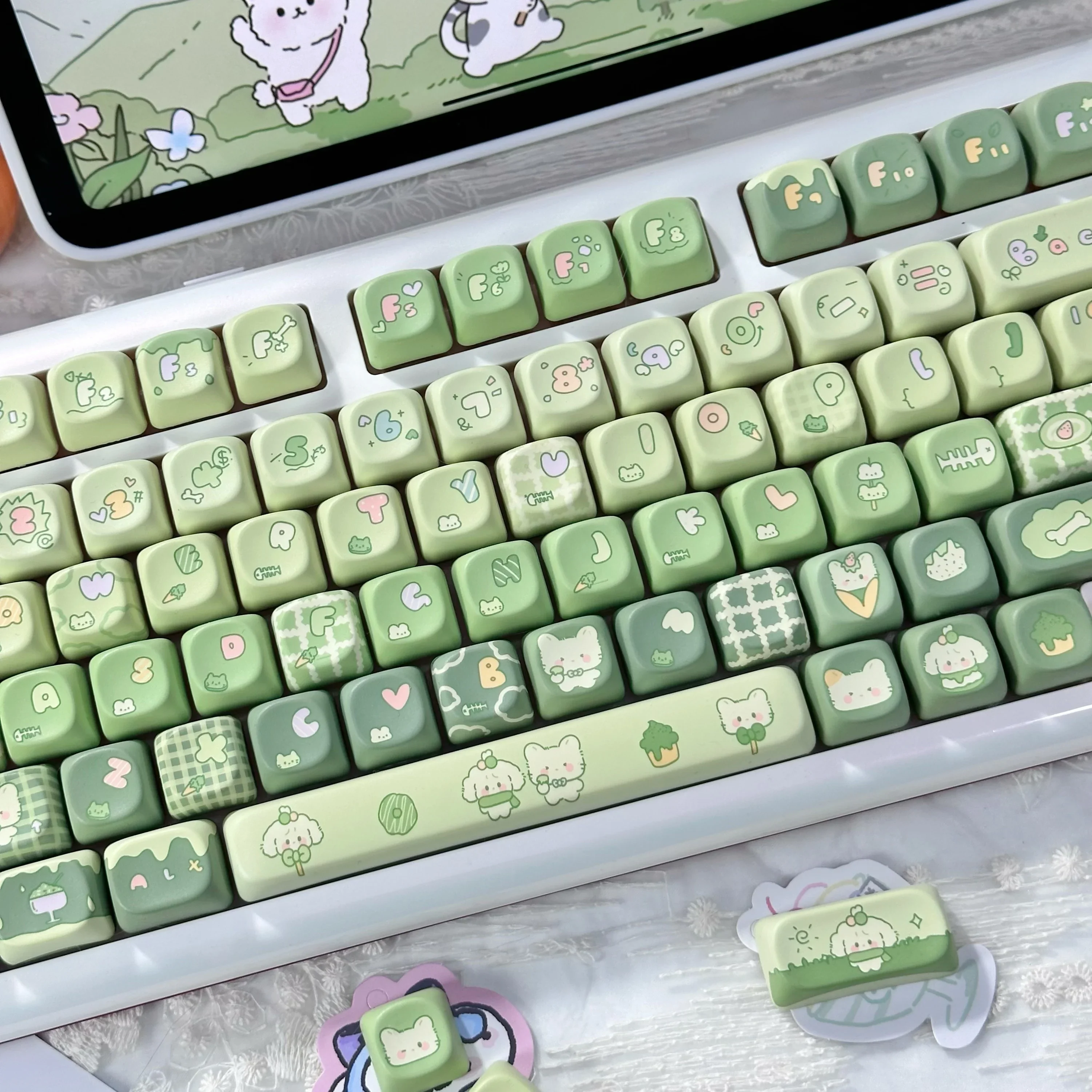 Imagem -04 - Personalizado Conjunto de Chaves de Teclado Mecânico Gato Bonito Coelho Cartoon Keycaps Matcha tipo Moa Keycap 131 Chaves