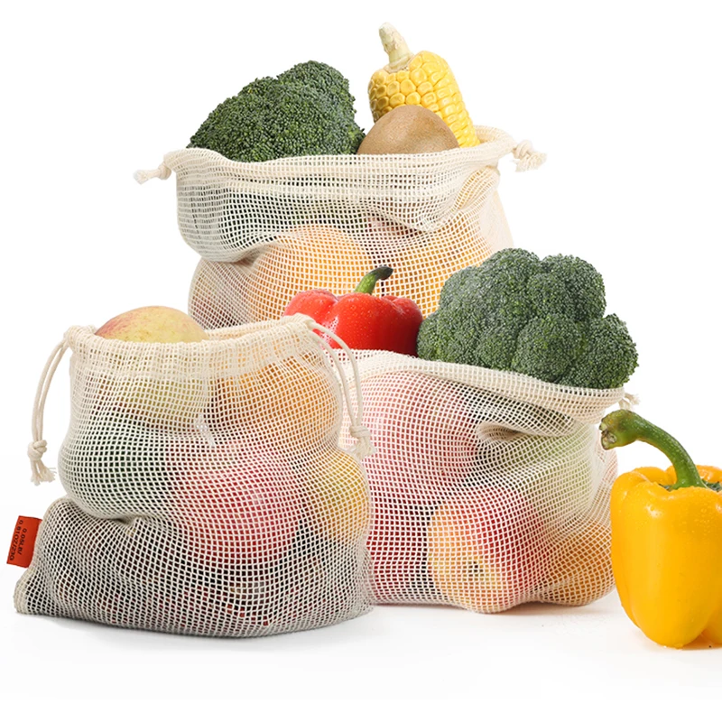 Reusable Cotton Mesh Produce Bags with Drawstring Organic Cotton Durable Washable with Grocery Shopping Bags Produce Mesh Bags