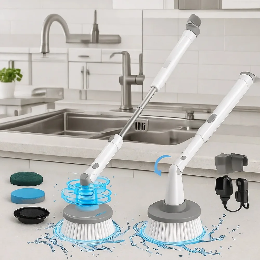 Cepillo Eléctrico Inalámbrico Mejorado con 8 Cabezales, Doble Velocidad y Brazo Extensible para Baño, Bañera, Azulejos y Piso