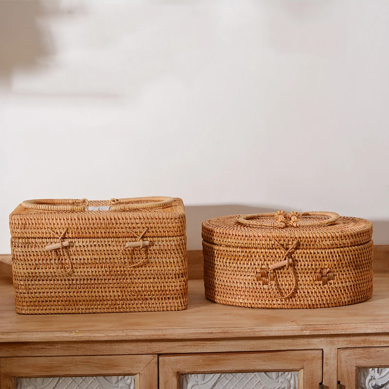 Round Rattan Woven Basket with Lid, Wicker Fruit Boxes, Decorative Tray Lids, Sundries Storage, Mini Snack Bread Organizer