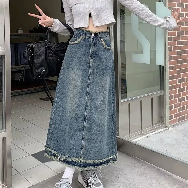 Women\'s Long Denim Skirt Retro Burlap High-waisted Cowboy Skirt Streetwear Trend Fashion Loose Large Size A-line Y2k Jean Skirt