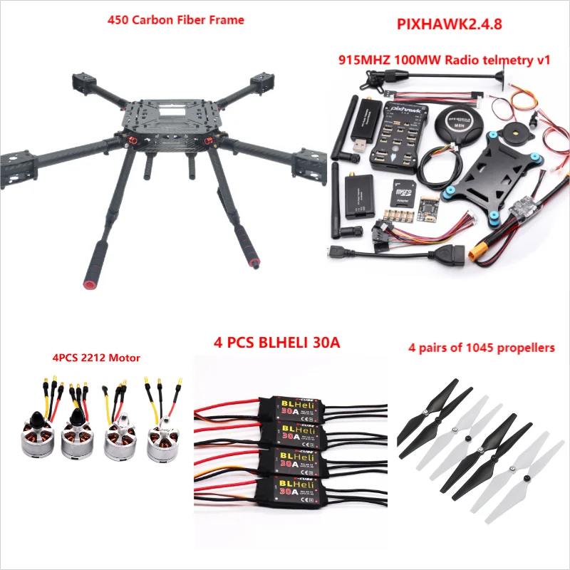 PIXHAWK2.4.8 Flight Control Koolstofvezel 450 Frame Kit Ardupilot 100 MW Radio Telemetrie Quadcopter BLHELI 30A 2212 Motor ESC