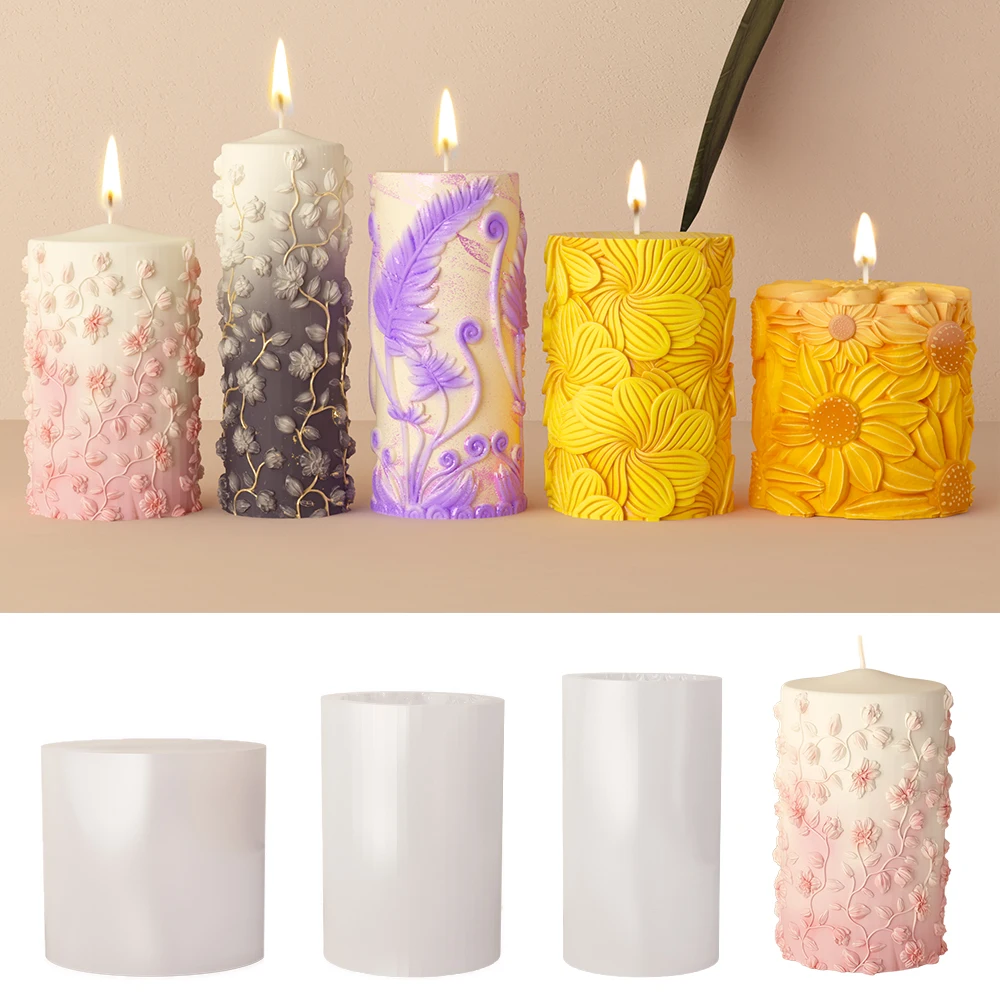 S0149 DIY Cylindrical Carved Flowers Candle Silicone Mold Vine Relief Sculpture Round Pillar Wax Light Handmade Making Molds