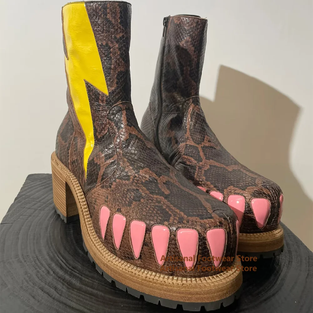 Crocodile Teeth Pattern Men's Boots Round Toe Platform Side Zip Boots Height Increasing Fashion Show Men Shoes Botas Mujer